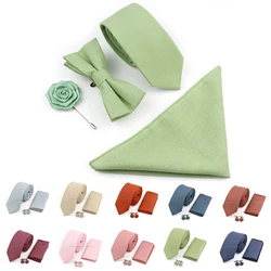 Hot Sale Sage Green Pink Tie Set Solid Cotton Necktie Bowtie Cufflink Brooch For Groom Suit Wedding Cravat Shirt Accessory