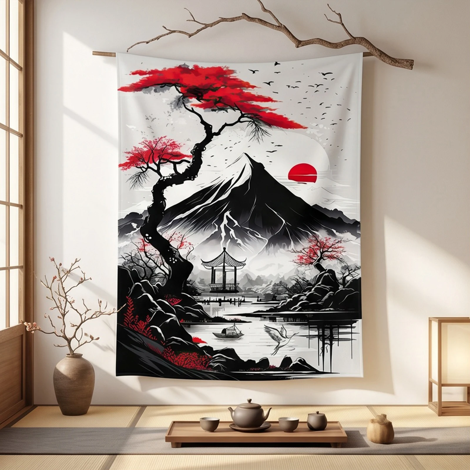 Mount Fuji Red Sun Temple Wall Hanger for Living Room Bedroom Decor Japan Natural Landscape Painting Canvas 23.6 X 35.4In