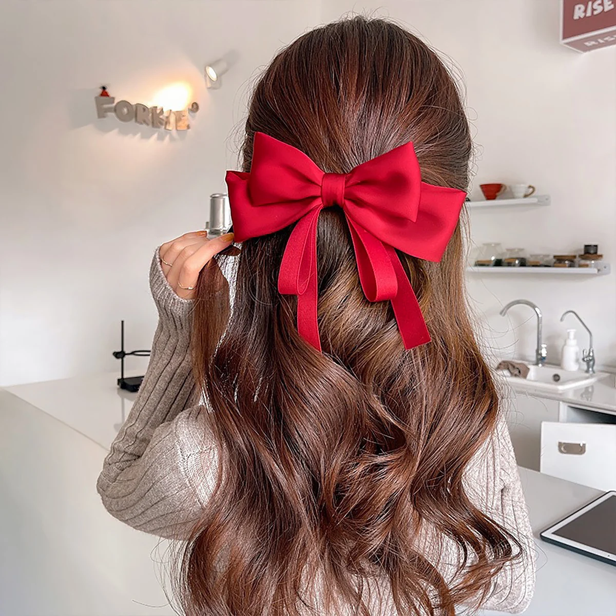 Elegant Satin Bow Hairpin Women Girls Solid Spring Hair Clips Headwear Ponytail Hairclips Barrettes Girls Hair Accessories