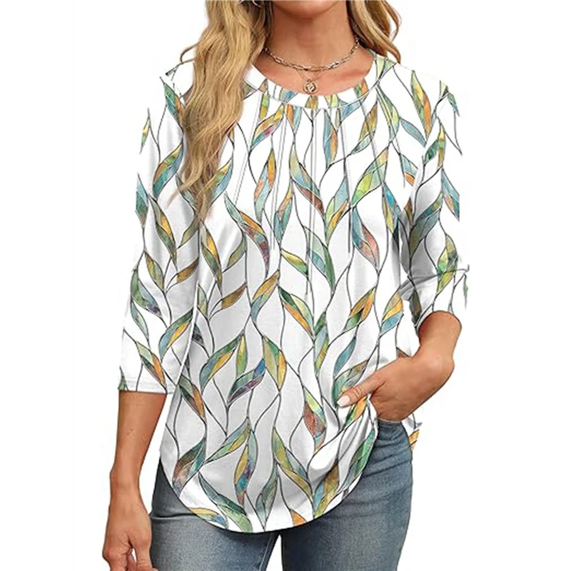 

AG-3/4 Length Sleeve Womens Tops Round Neck Casual Tunic Tops Basic Pleated Shirts Loose Fit 2025