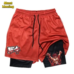 Baki Hanma Anime 2 Em 1 Calções de Ginásio para Homens Quick Dry Stretchy Board Shorts Masculino Verão Bodybuilding Fitness Correndo Calças Curtas