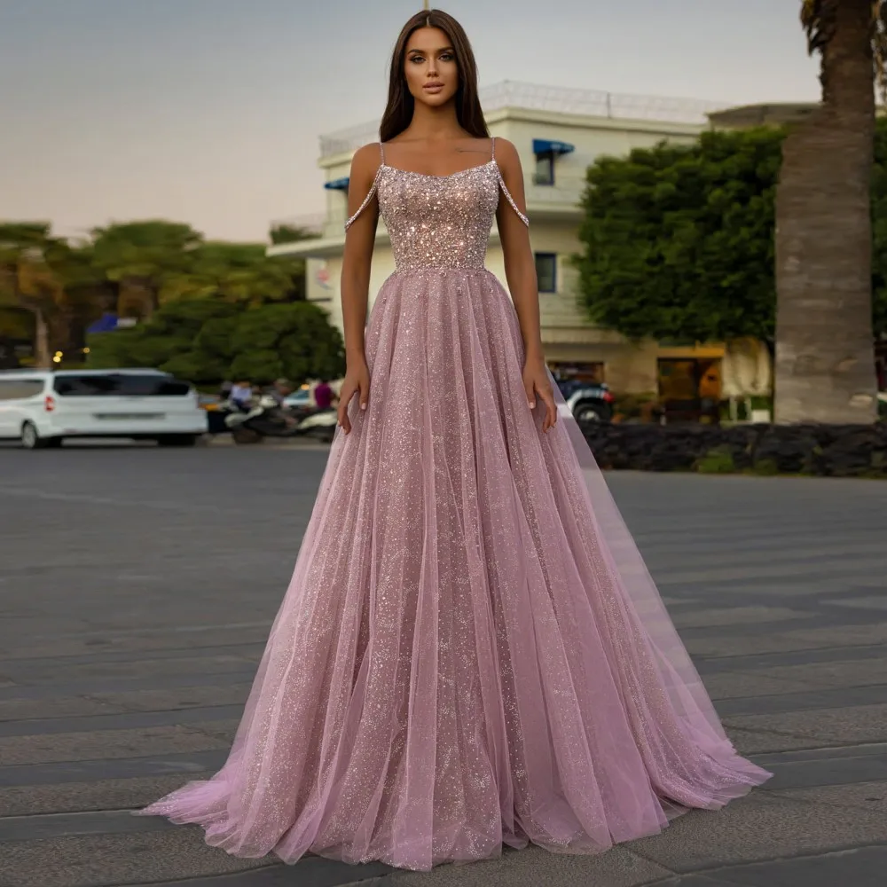 

Sparkly Dusty Pink Prom Dress 2023 Charming Spaghetti Strap Sexy Backless A-Line Sequined Evening Party Gowns Vestidos De Fiesta