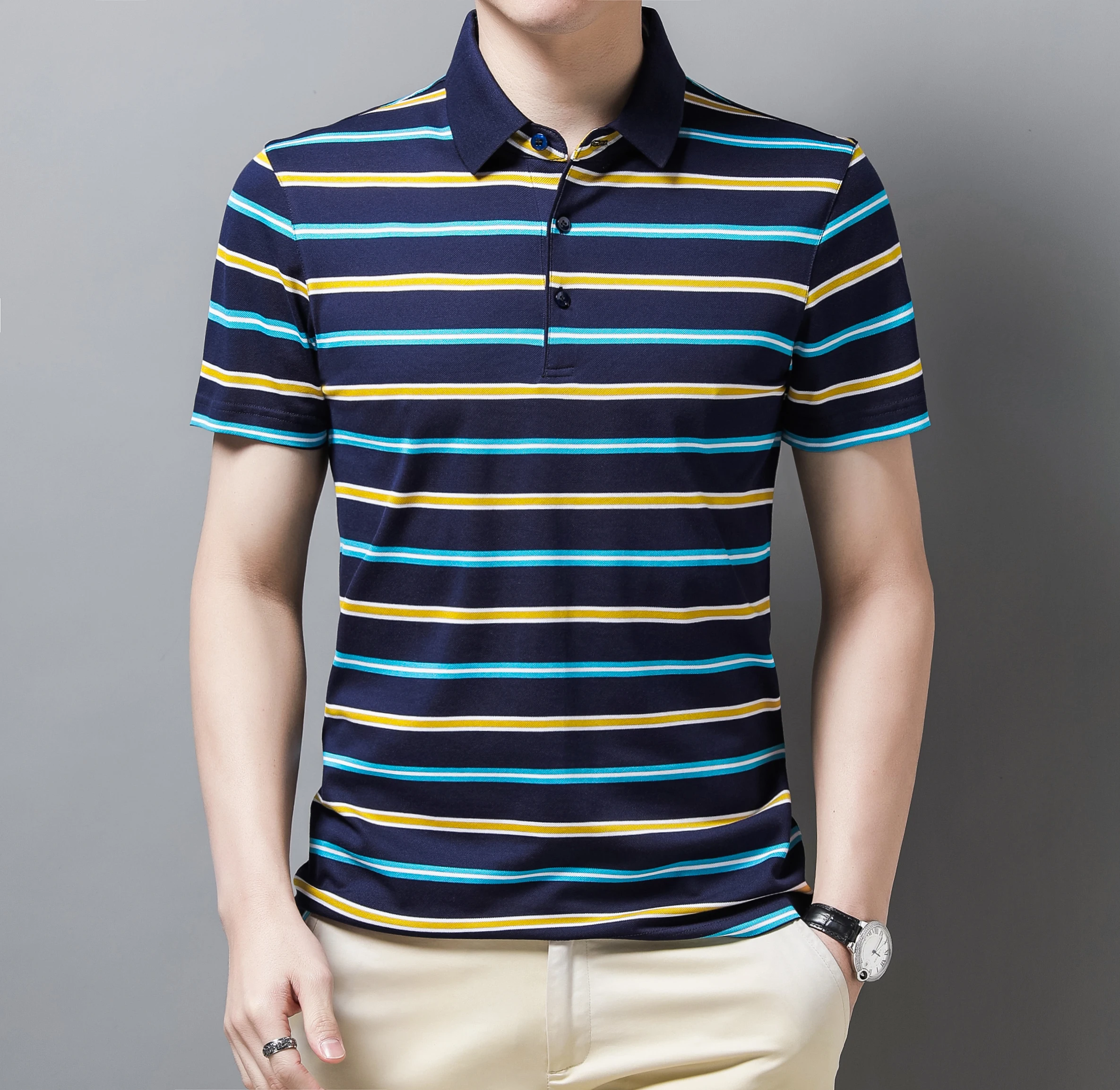 

Men Lyocell Cotton Tops 2025 Summer Fashion Stripes Business Polo Shirts Male Mulberry Silk Short Sleeve Polos Clohtes