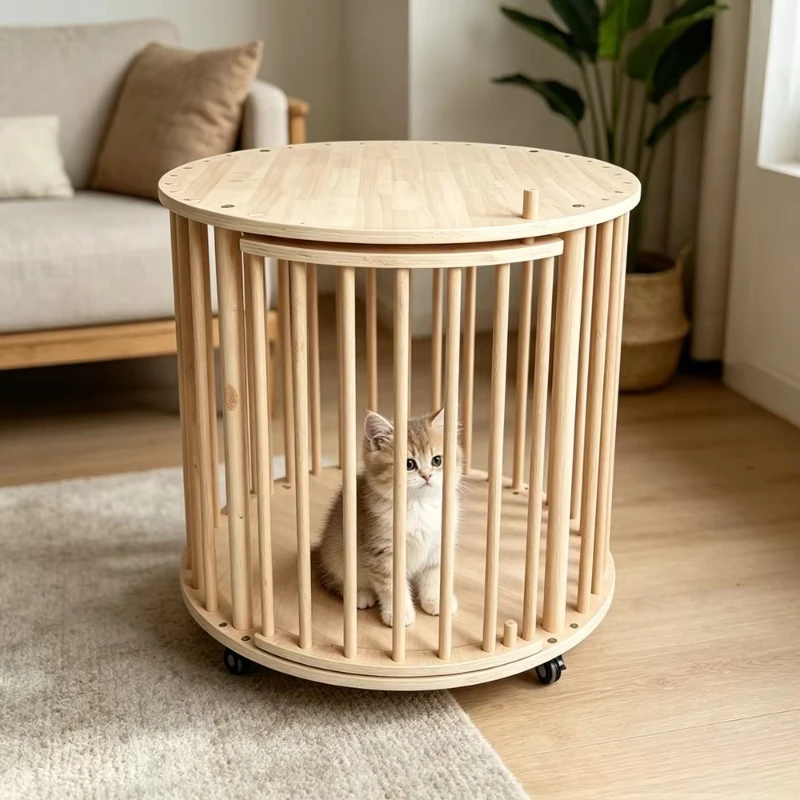 Solid wood round cat cage stackable movable single-layer cat villa pet with wheels