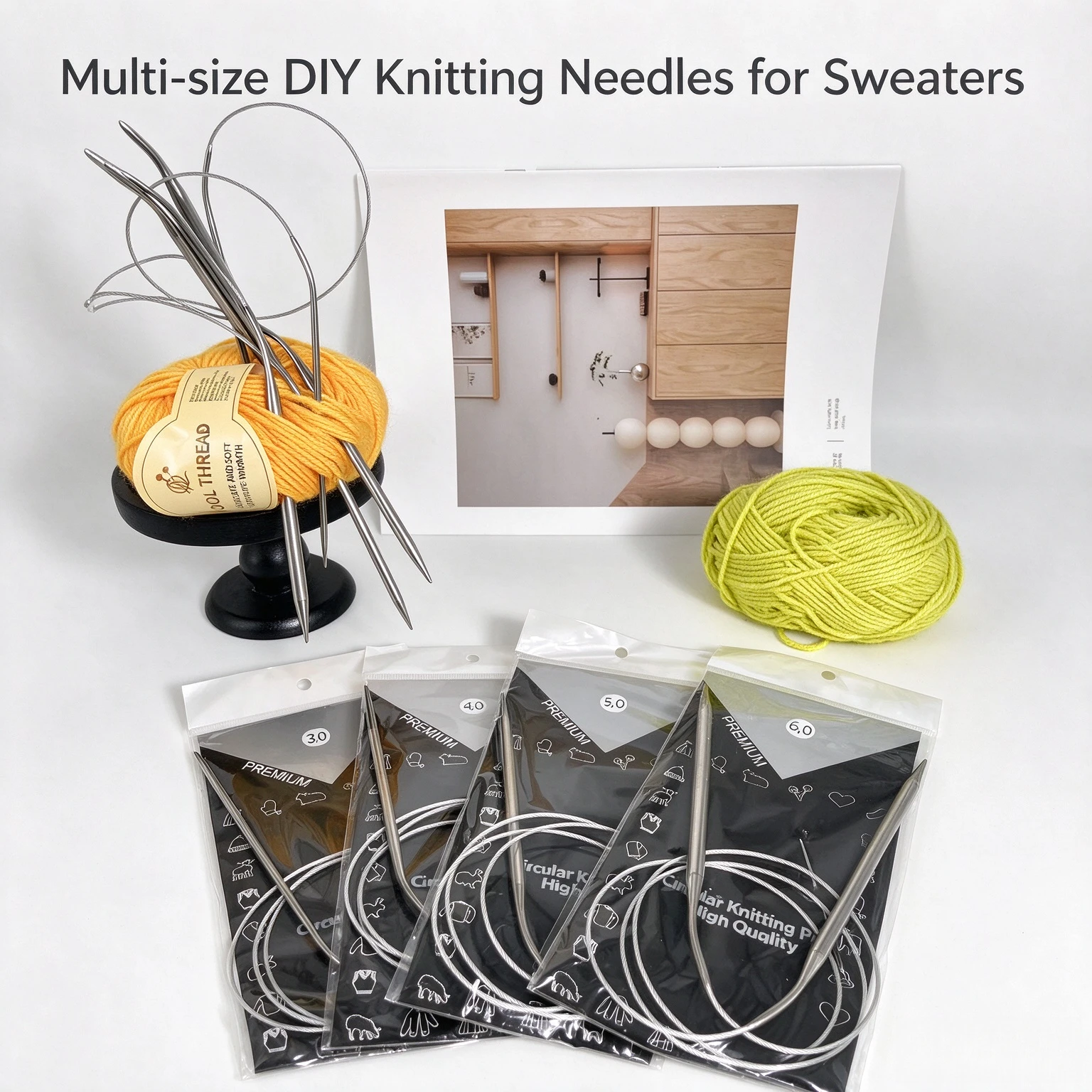4Pcs Stainless Steel Circular Knitting Needle Set of Different Sizes, Including 3mm, 4mm, 5mm, 6mm, with a Total Length of 40Cm-120Cm, Used for Knitting Thick Yarn for Sweaters, Scarves, Hats, Gloves, Socks, Etc., DIY