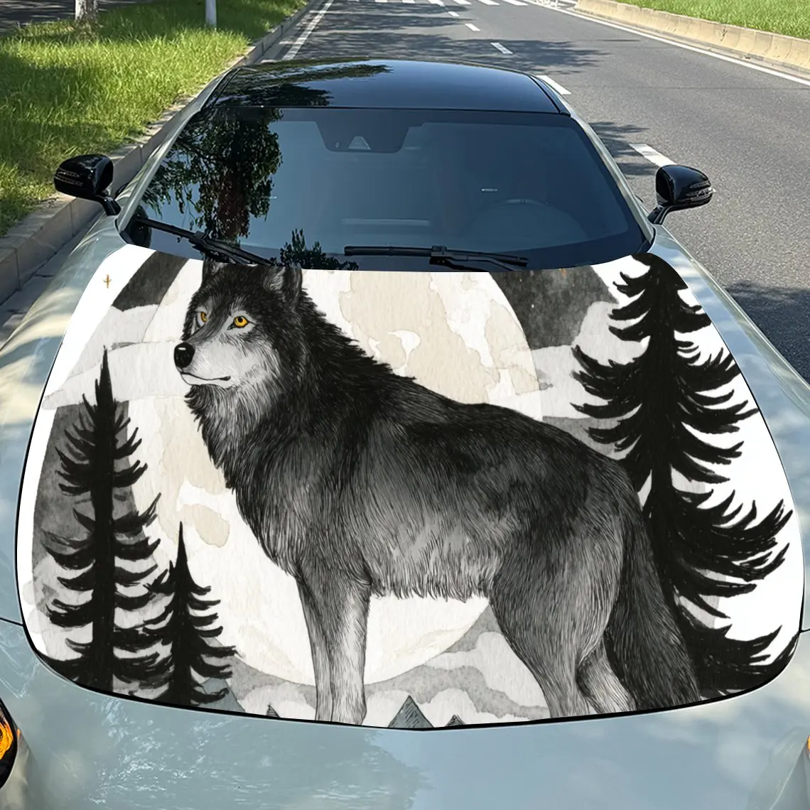 Trendy Moon Wolf Pine Tree PVC Car Engine Hood Vinyl Wraps, Self-Adhesive Waterproof Car Hood Decal Sticker, Car Decoration Prot