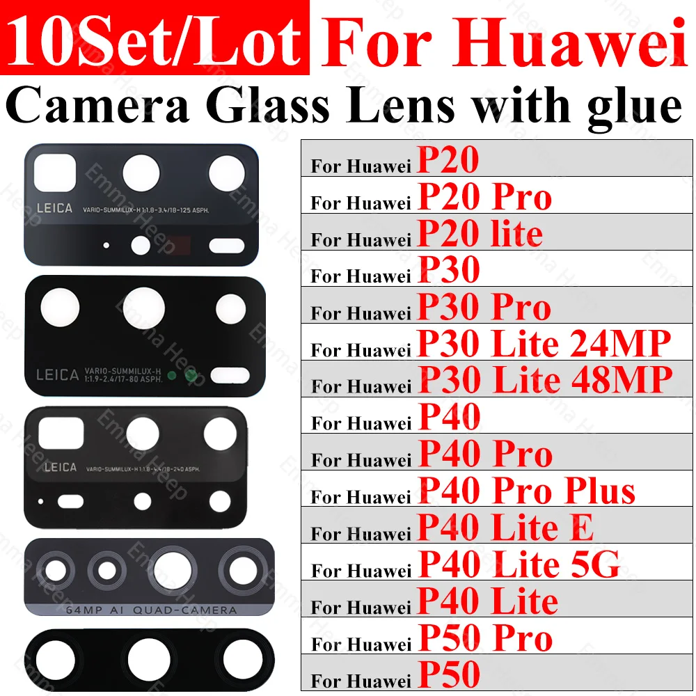 Lente de Cristal de cámara trasera para Huawei P30, P40, P50, P20 Pro Lite E P40Lite, vidrio de cámara con pegatina adhesiva, venta al por mayor, 10