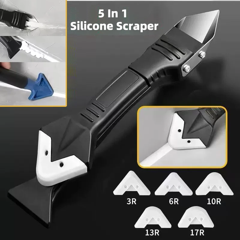 Silicone Scraper Squeegee Glue Remover Knife Caulking Angle Beauty Crack Trowel Tool Grout Scraper Kit with 5pcs Scraper Head
