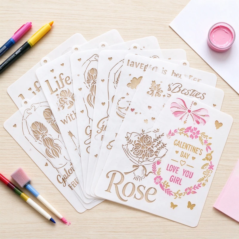 Reusable Galentine's Day Hollow Stencils 8 Pack, PET DIY Painting Template for Airbrush Spray Paint, Kids Tracing & Art Creation
