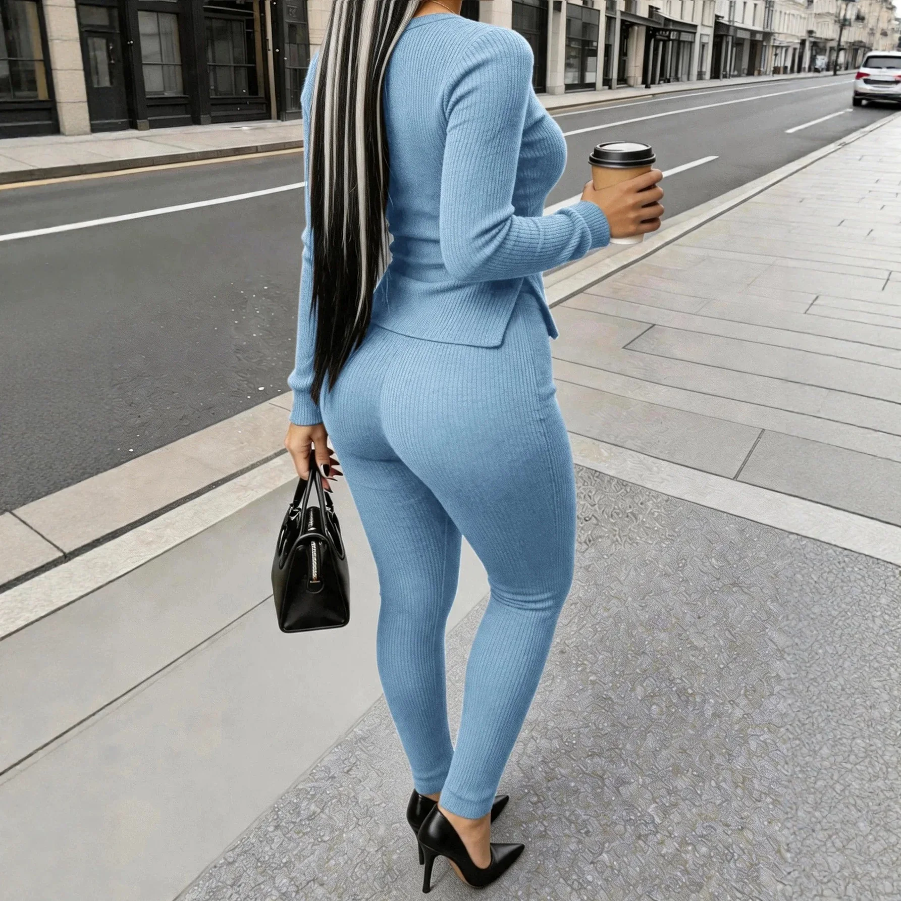 Europe, America, Round Neck Autumn And Winter New Women's Clothing Slim And Thin Long-sleeved Top Leggings Two-piece Set