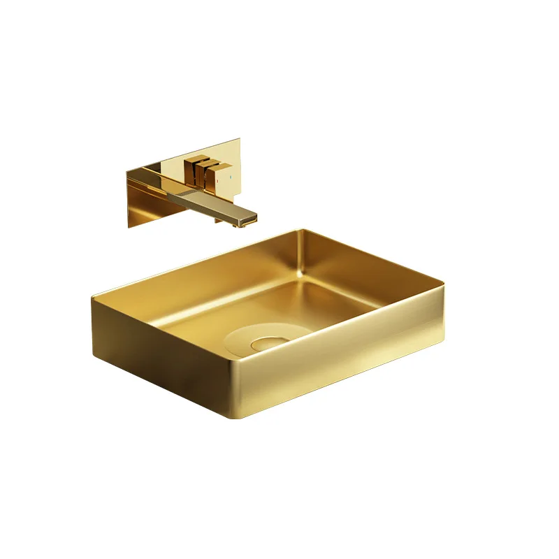 

Gold, stainless steel, wash basin, hotel bathroom, square.