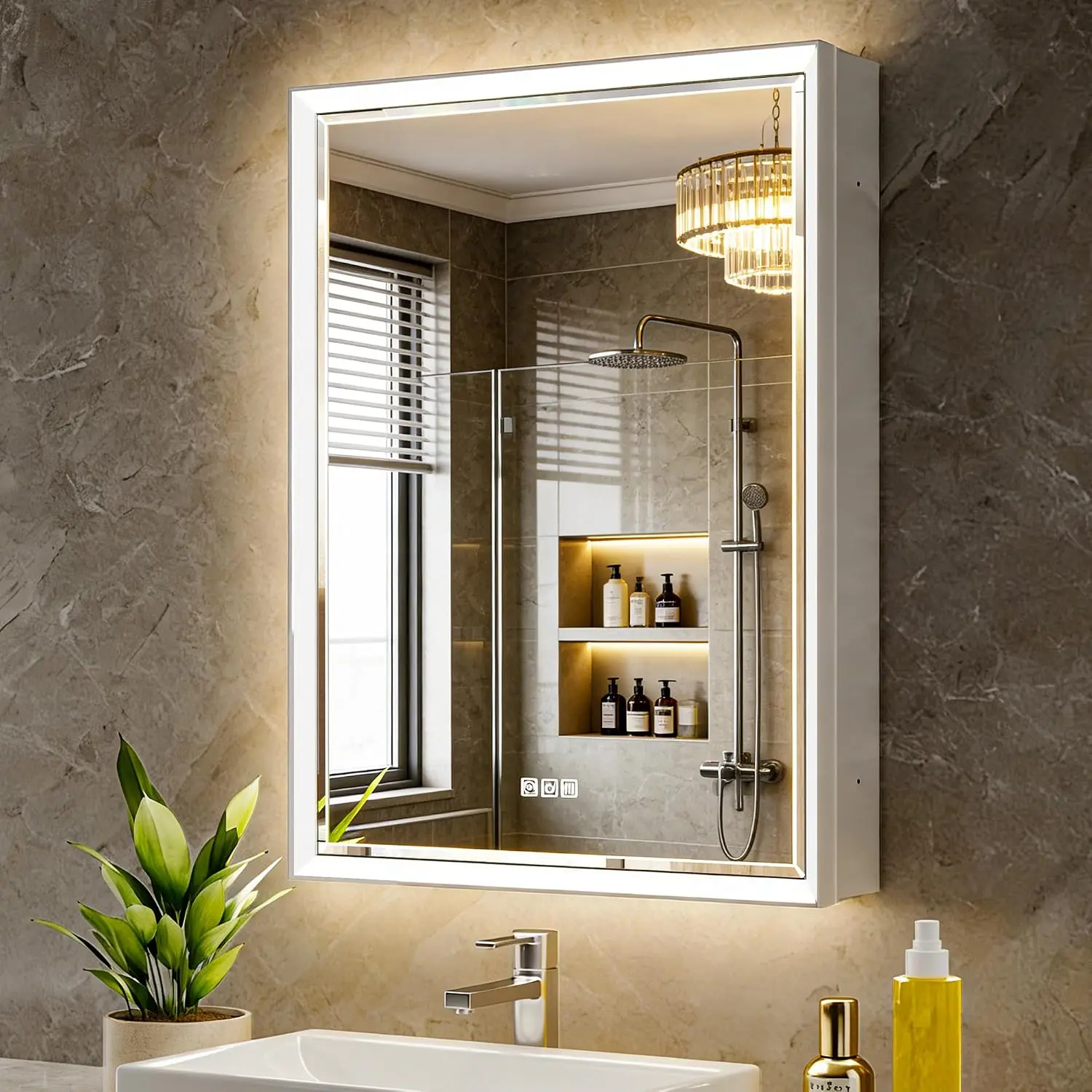 Beveled LED Medicine Cabinet with Mirror, Anti-Fog Dimmable Light, Outlet, Clock, Surface or Recessed Mount 24x32