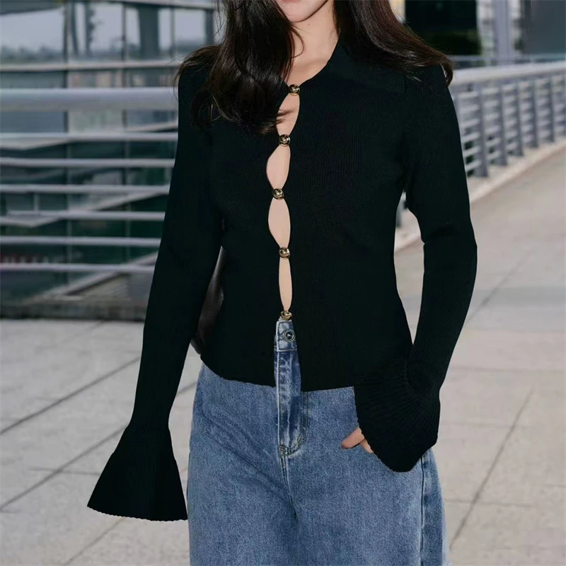 

Spring Women's Turn-down Collar Hollow-out Flared Sleeve Knitted OpenCardiganHigh-Quality Fashion SexyElastic Slim-fitBase Shirt