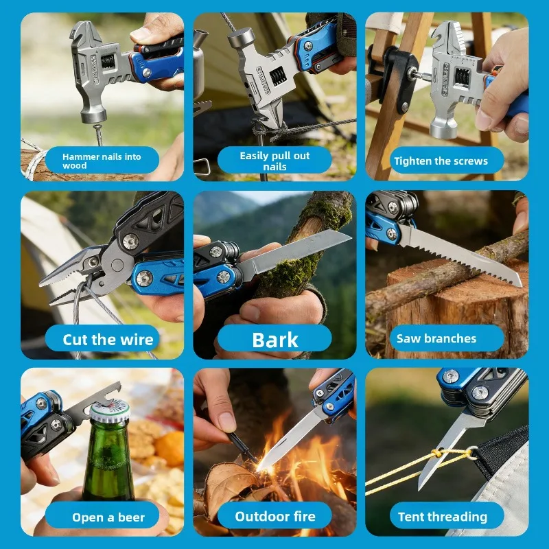 All-in-One Multifunction tools Wrench, Hammer, Screwdriver, Pliers, Folding Carpentry Saw, Utility Knife, and Car Window Breaker