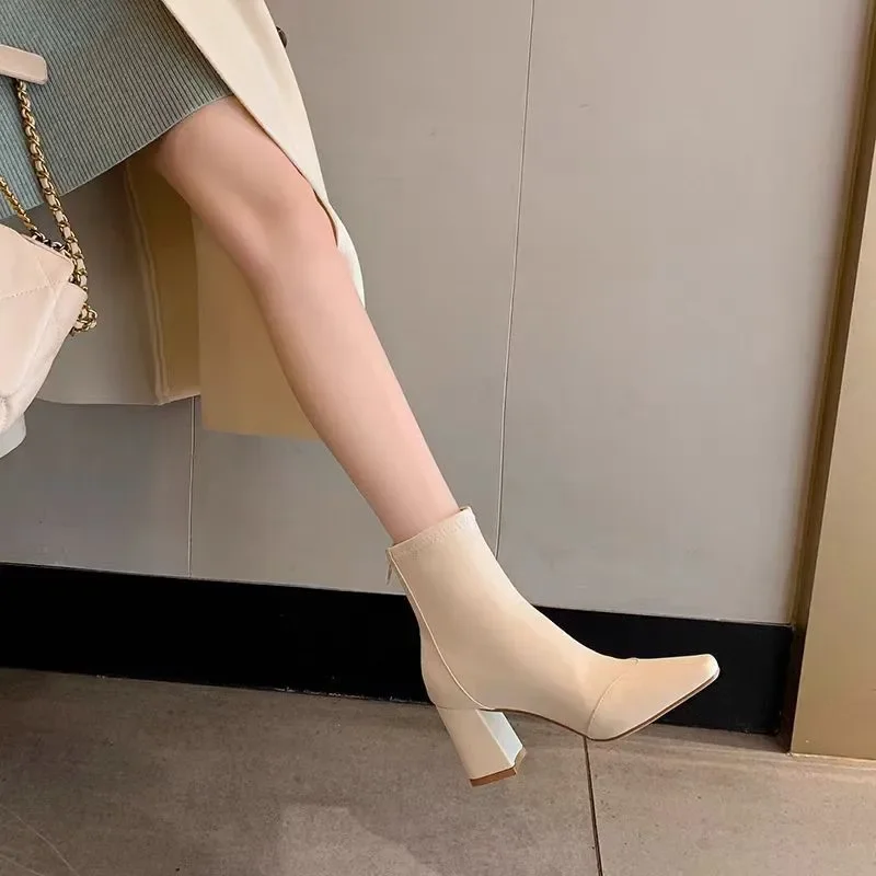 2024 Hot Sale Women's Shoes Back Zip Women's Boots Fashion Square Toe Office and Career High Quality Solid Mid-Calf Bootszapatos image 4