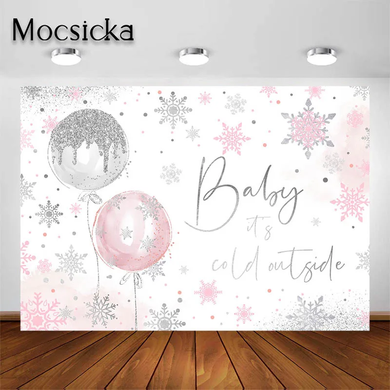 Mocsicka Baby Shower Backdrop Sliver Pink Balloons Party Decorations It's Cold Outside Glitter Snowflakes Photography Background