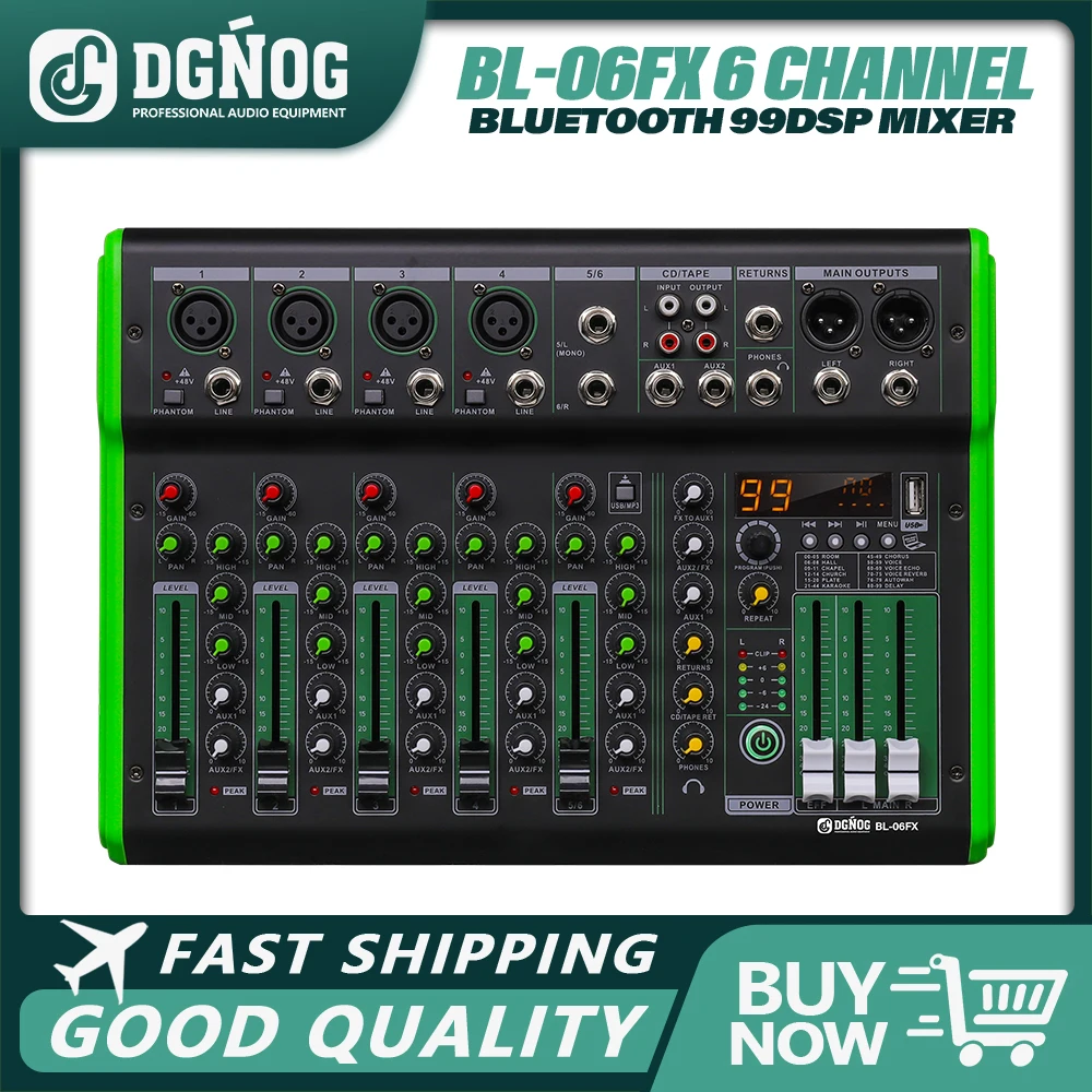 DGNOG BL-06FX 6-канальный аудиомикшер с эффектом 99DSP, 48 В, фантомное питание, Bluetooth, USB, DJ-консоль, караоке-микшер для сцены и студии