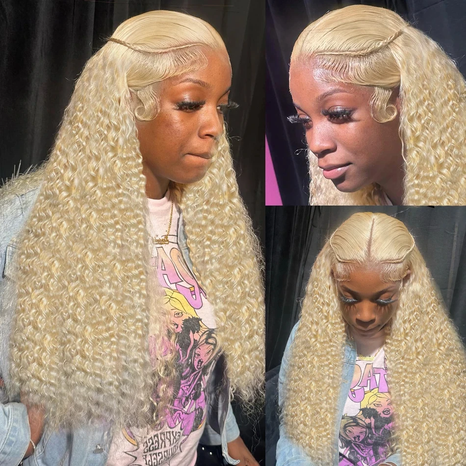 Perruque Lace Front Wig Remy Brésilienne Naturelle, Cheveux Bouclés, Couleur Blond 613, 13x6, 13x4, pour Femme