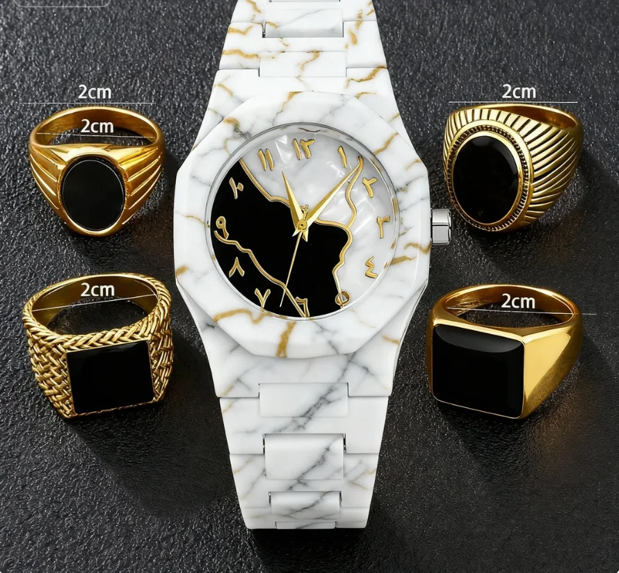 Five-piece business-style set, featuring elegant gold watches and rings arranged on a dark leather background, highlighting a se