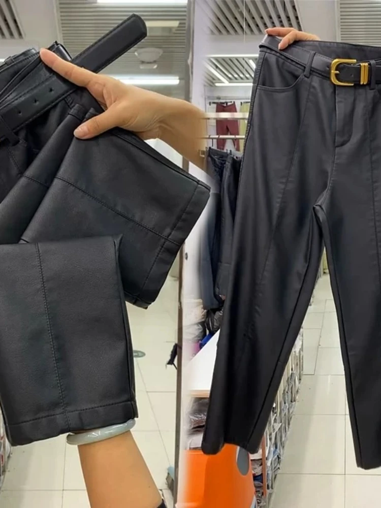 Pants Women Modern High Waist Slimming Versatile Straight Protein Pu Leather Casual Fashion Stylish Slim Fit Office Ankle Slacks