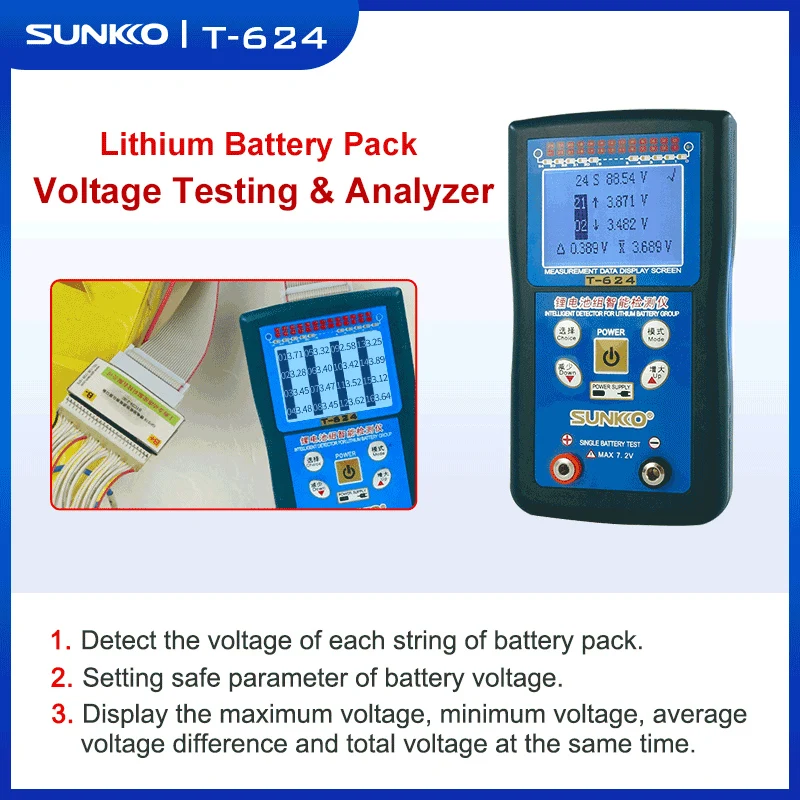 Sunkko T624 Analisador de Detecção Inteligente da Pressão Diferencial da Bateria da Detecção da Manutenção do Verificador do Bloco da Bateria de Lítio 124