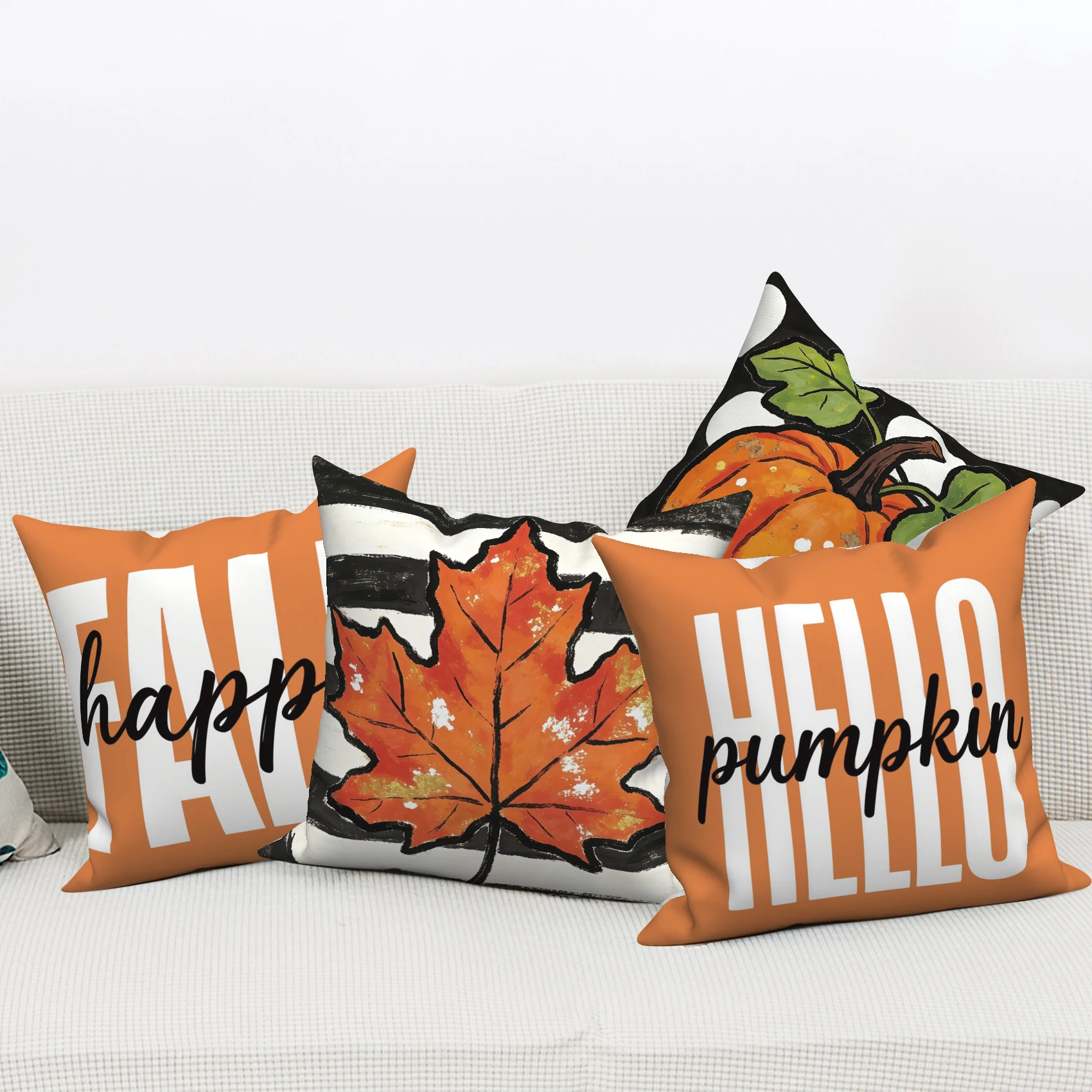 4Pcs/Set Fall Thanksgiving Pillow Covers, Hello Pumpkin Maple Leaf Cushion Cases, Polyester/Linen, Autumn Farmhouse Decoration