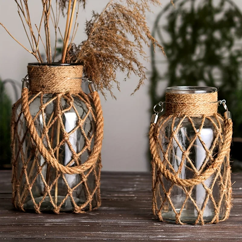 Boho-Chic Handwoven Mesh Glass Vase - Portable, Transparent with Solid Pattern for Home Decor & Hydroponics