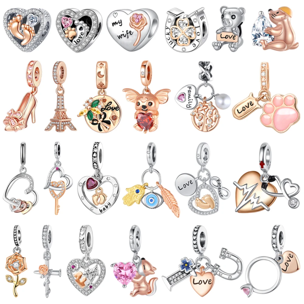 

Original 925 Sterling Silver Eiffel Tower Heart Footprint Squirrel Cross Rose Gold Beads Charms for Pandora Bracelet Jewellery