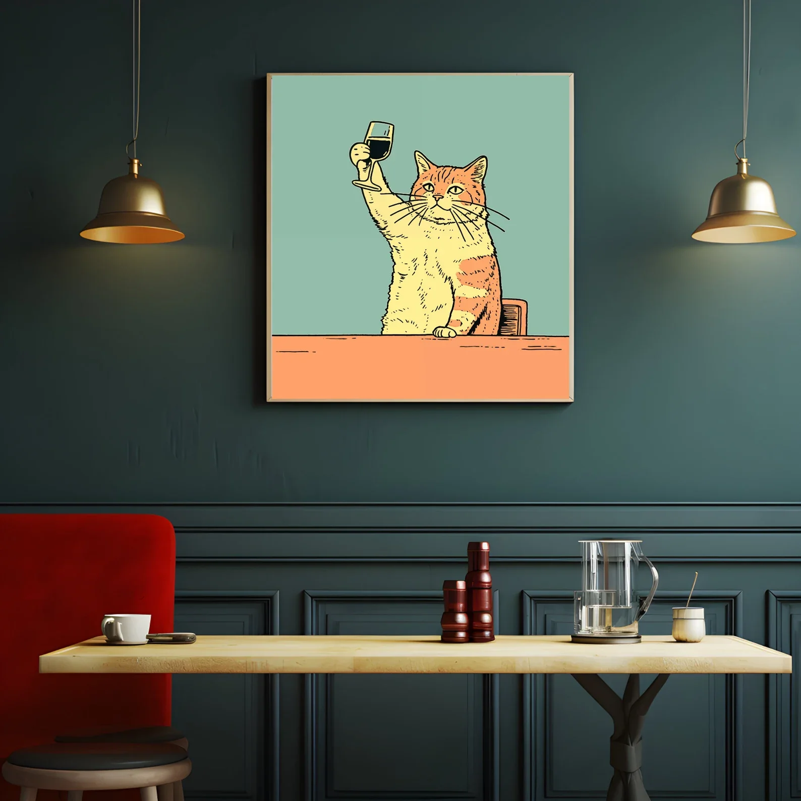 Pôster engraçado de gato de vinho: arte peculiar do carrinho de bar para decoração de bar gato bebendo impressão engraçado pôster de gato amarelo decoração de parede presente para o amor