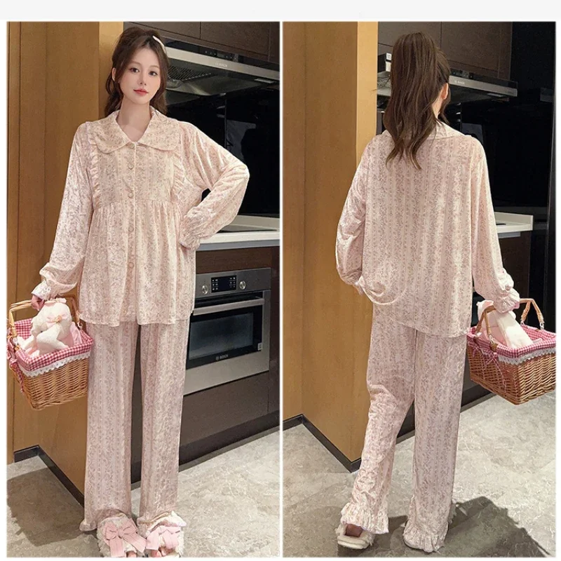 5XL плюс размер, зимние теплые пижамные комплекты, женские милые утепленные пижамы с цветочным принтом, мягкий бархатный флис, удобная домашняя одежда, комплект из двух предметов