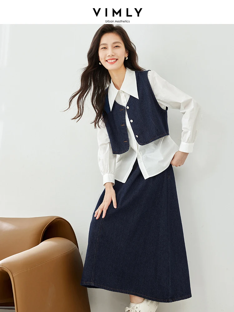 VIMLY 3 Piece Denim Sets Women Spring Outfits Fashion Midi Skirt Crop Waistcoat White Shirt 2024 New in Matching Sets M3682