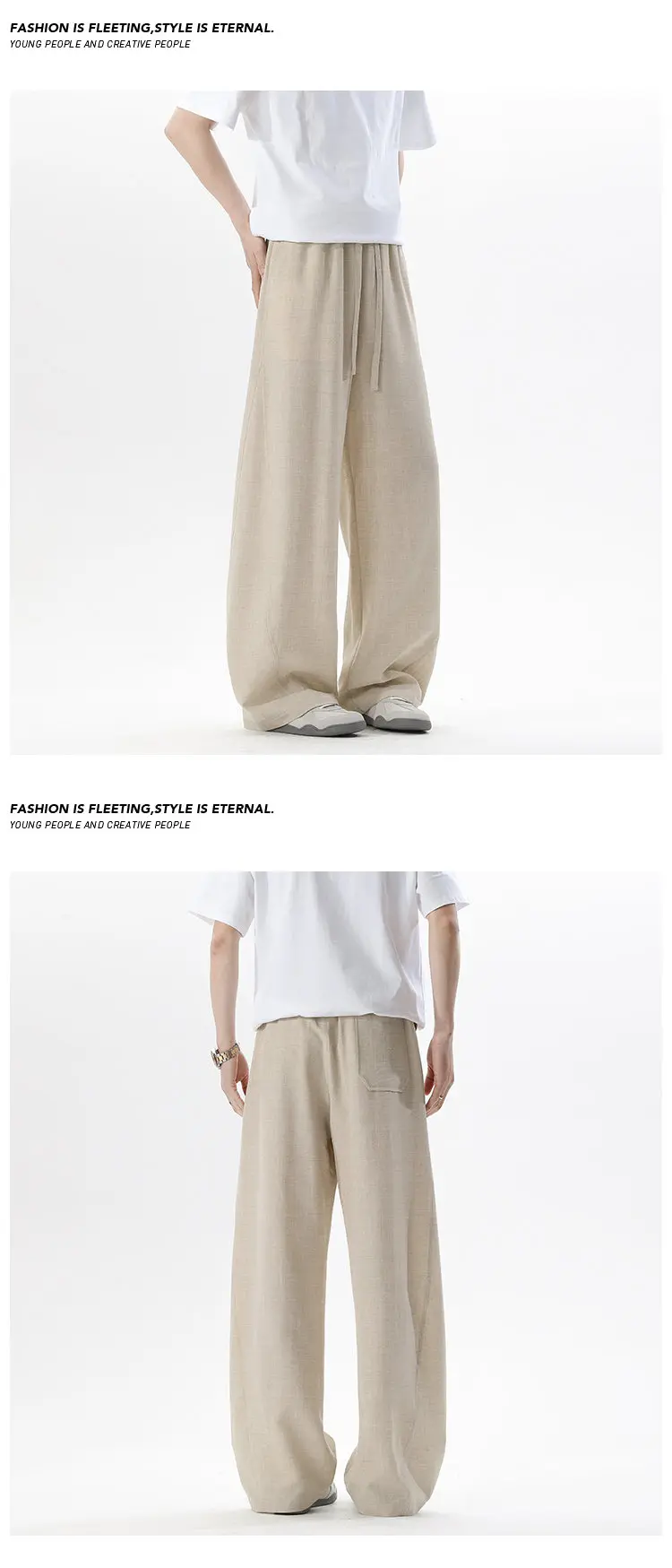 Herrenhose mit Kordelzug, elastischem Bund, weitem Bein, strukturiertem Stoff, locker geschnitten, gerade Hose für den Sommer, lässiges Alltagsoutfit. – Detail 5