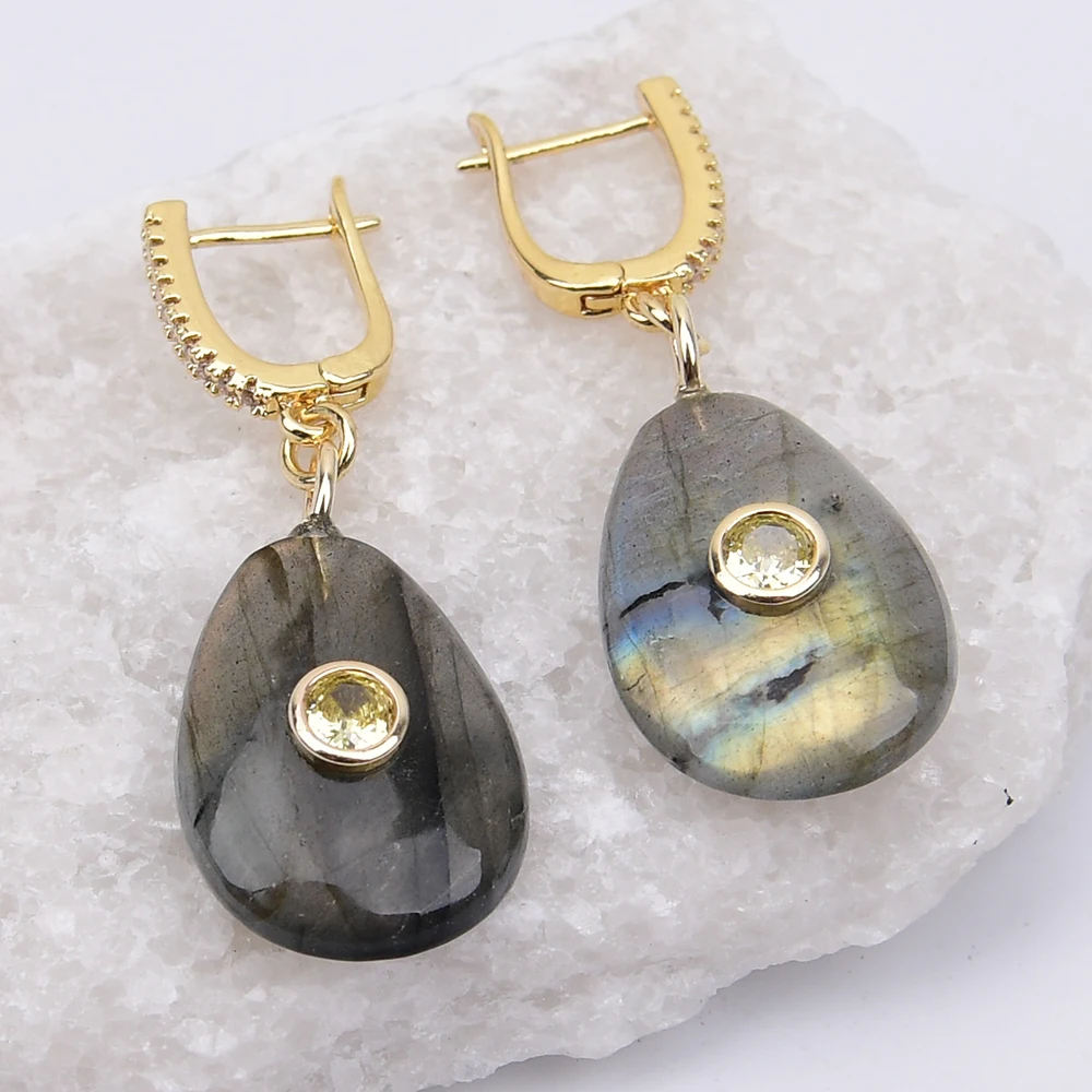 Boucles d'oreilles pendantes en pierre semi-précieuse naturelle G-G, labradorite, quartz, forme de larme, pavées de CZ