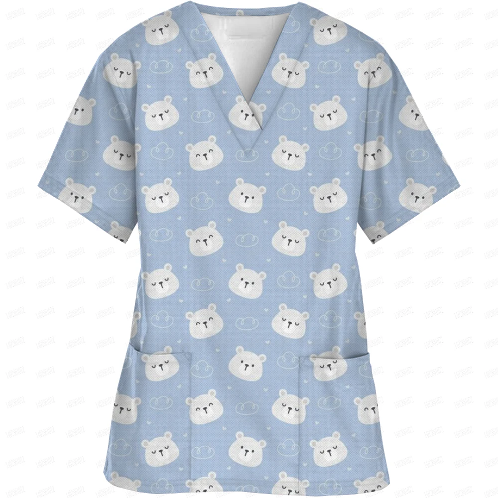 2024 New Cartoon Rabbit Print Nurse Medical Uniforms V-Neck Short Sleeve Pocket Workwear Top Scrubs Medical Accessories Uniform