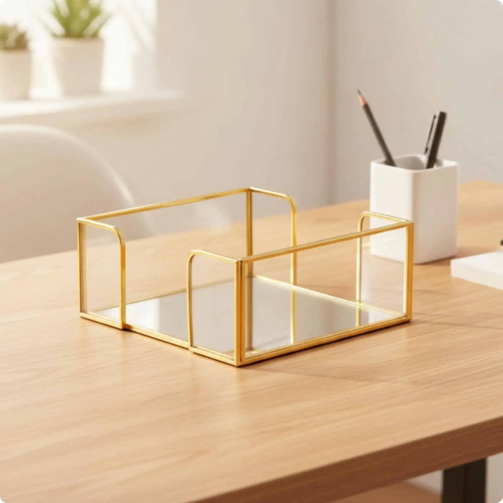 Modern Glass Desk Organizer for Notes and Stationery with Gold Trim Storage Tray