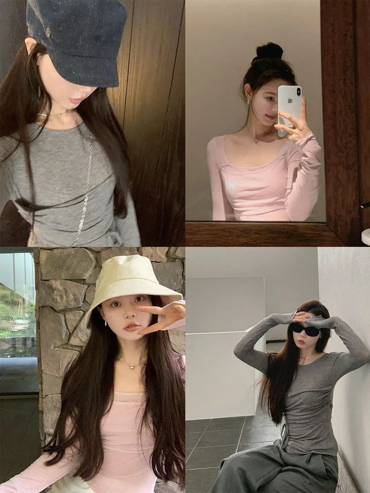 

Seeyouiceland Rheni Times Весенняя обтягивающая кожу модный квадратный воротник многослойная обертка шелковая шерсть T Long Sve Slim Fit повседневная...