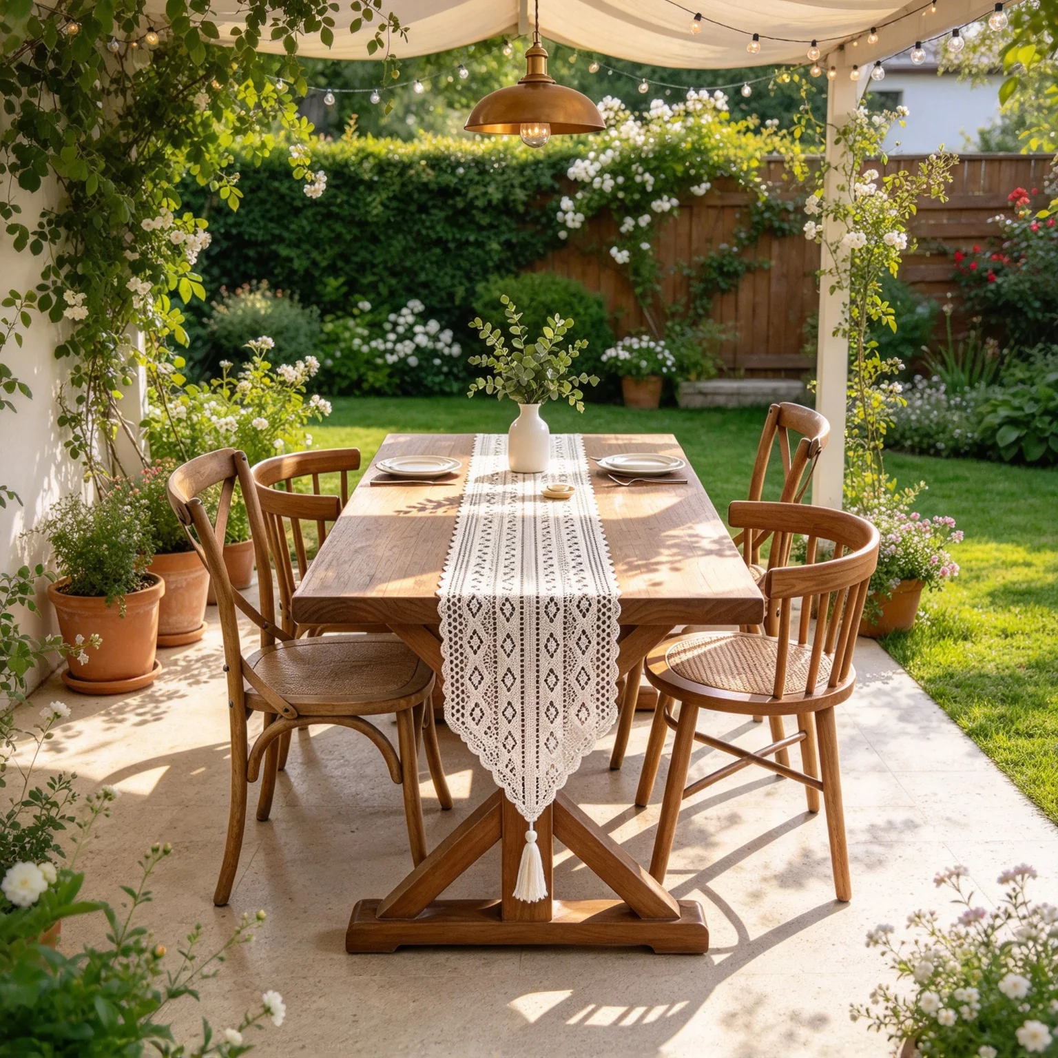 1PC French Style Off White Vintage Hollow Crochet Tassel Table Runner, Suitable for Dining Tables & Entryway Consoles