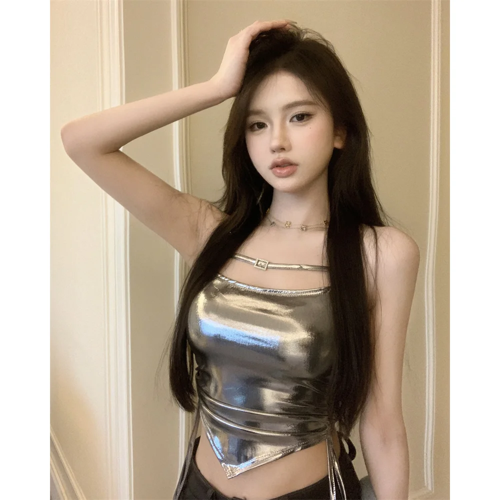 2023 Summer Pure Desire Sexy Backless Irregular Small Tank Top Sling Pull Sister Style Bilateral Shirring Waist Vest Crop Tops