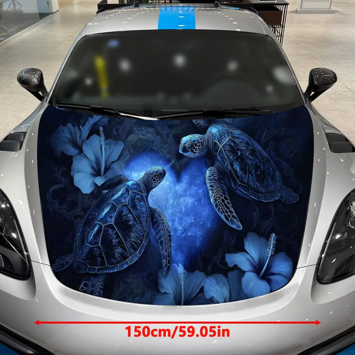 Starry Blue Flower Twin Turtles and Heart Light Car Vinyl Wrap, PVC Material Waterproof Car Hood Sticker, Self-Adhesive Scratch-