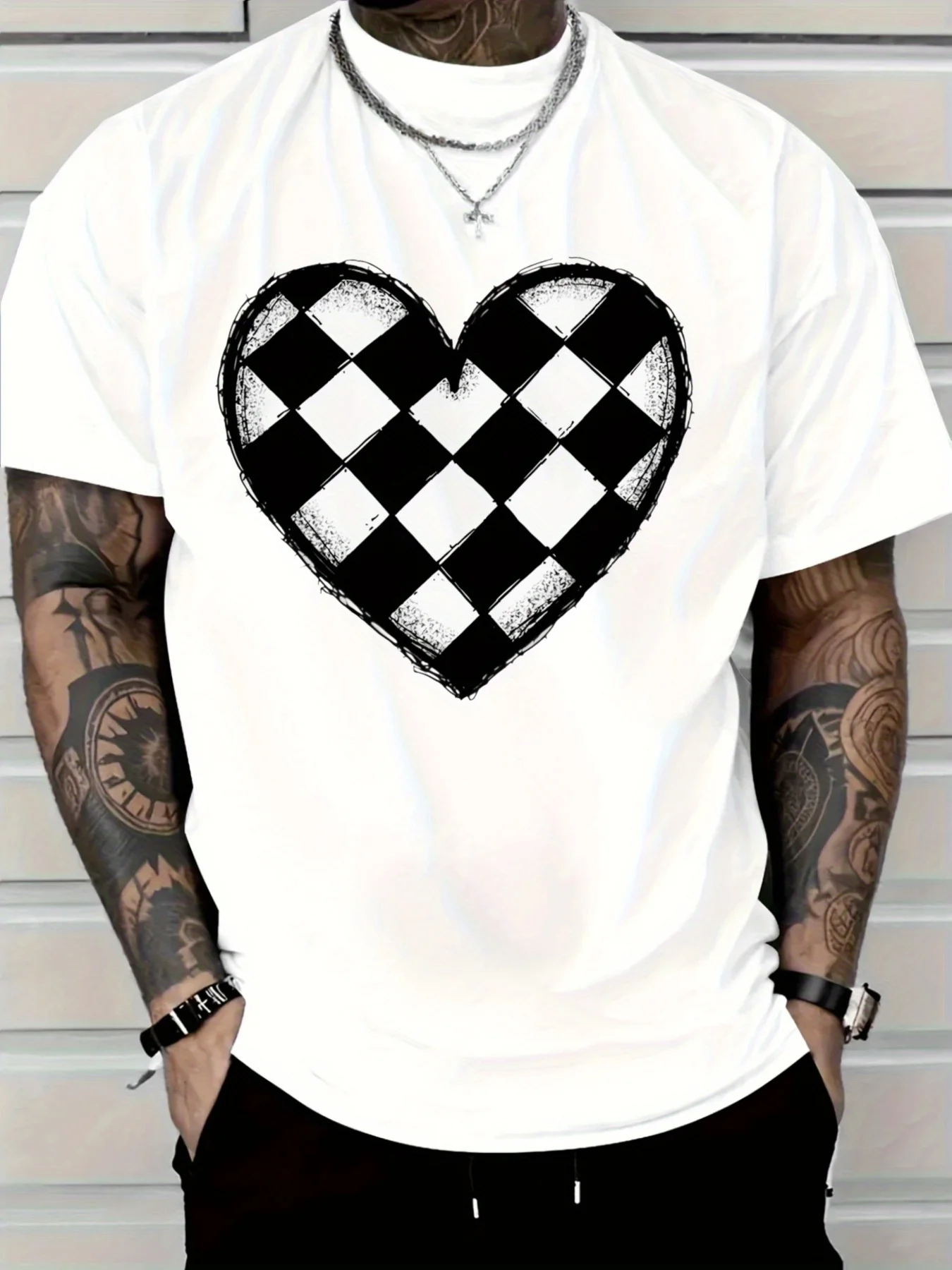 Men's Navy Blue Cotton T-Shirt Checkerboard Heart Graphic Tee Soft Everyday Crewneck Shirt for Casual Formal Outfits