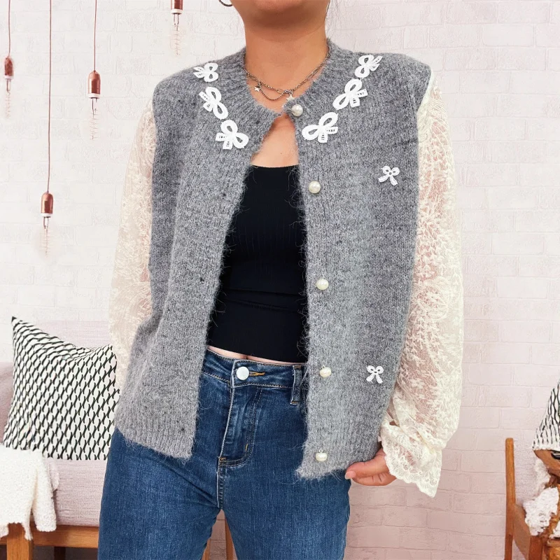 Autumn and Winter Elegant Commuting Lace Sleeve Spliced Bow Knitted Button Sweater Cardigan