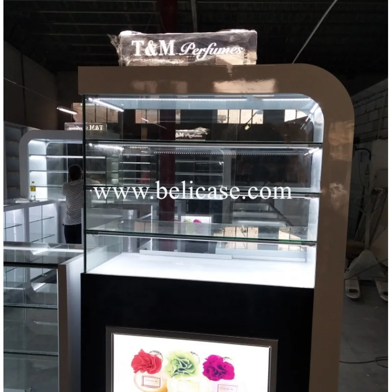 Custom, desain Modern Makeup Display Counter Tempered Glass parfum berdiri kios parfum Booth untuk Mall