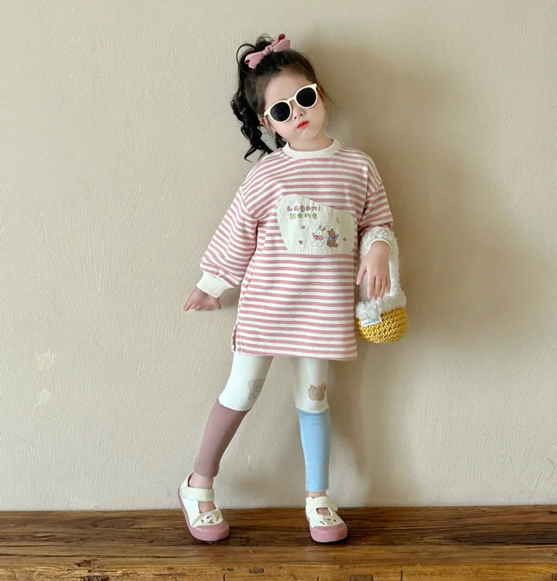 

New Baby Girls Fall Casual Sets Long Sleeve Cartoon Striped T-shirt + Pants Princess Cute Suits 2-7T