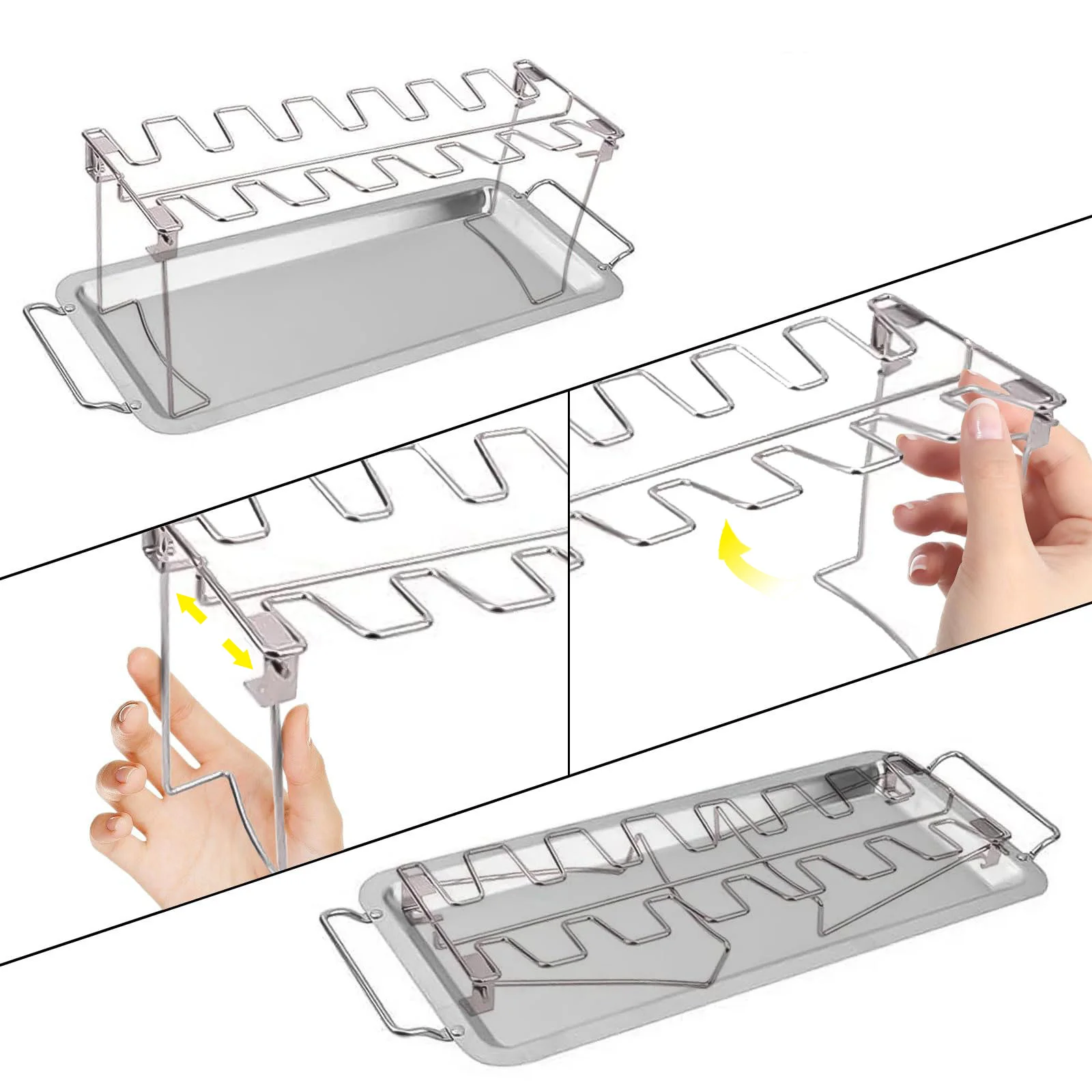 

【Foldable Chicken Leg Grill】14-Slot Stainless Steel BBQ Rack with Drip Pan, Portable for Oven Camping Picnic