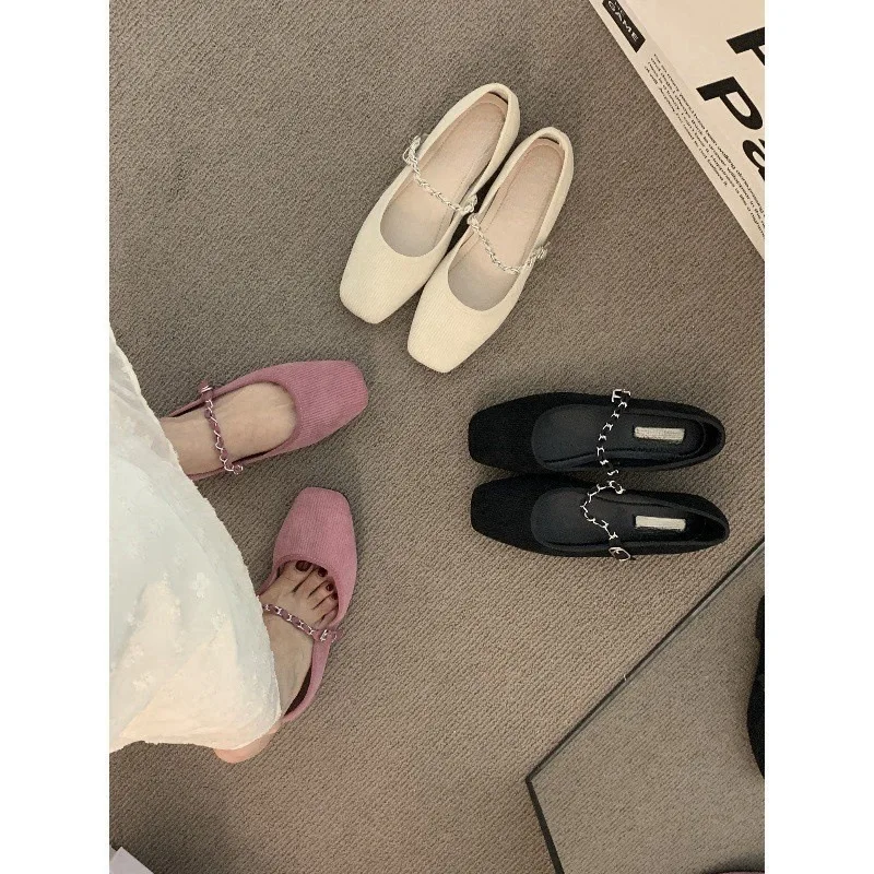 

Элегантные женские балетки Мэри Джейн с цепочкой, квадратным носком, из мягкой ткани, на плоской подошве, для повседневной носки и офиса