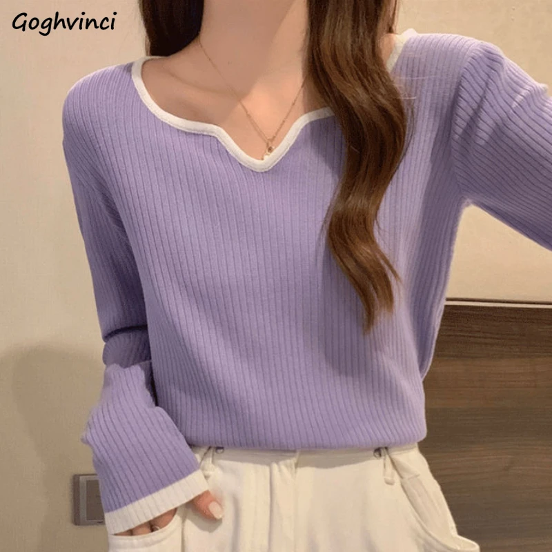 

Pullovers Women Sweet V-neck Stylish Patchwork Basic Tops Y2k Tender French Version Knitted Clothes for Girls Simple Chic Young