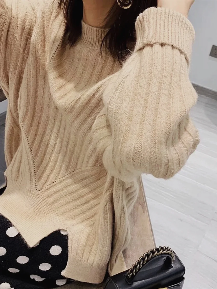 

Thiened Hollow out Irregular Texture Knitted Sweater Loose Overhead Design Casual Comfortable Long Sve round Ne Top