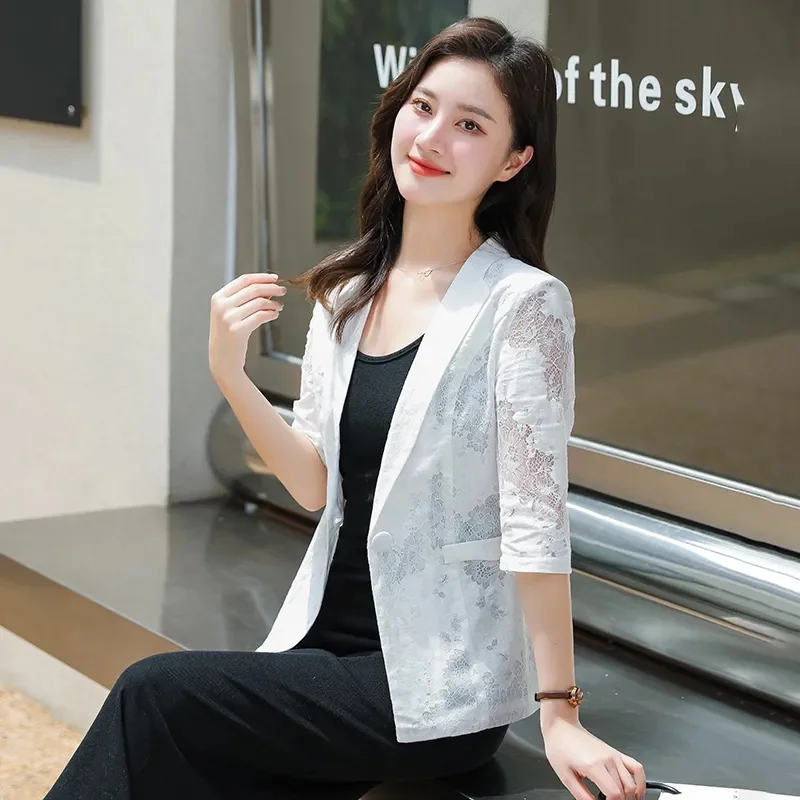 2024 New Spring Summer Women's Blazer Korean Fashion lace Hollowed out Cropped Sleeves  Slim Lady Sunscreen Clothing Tops