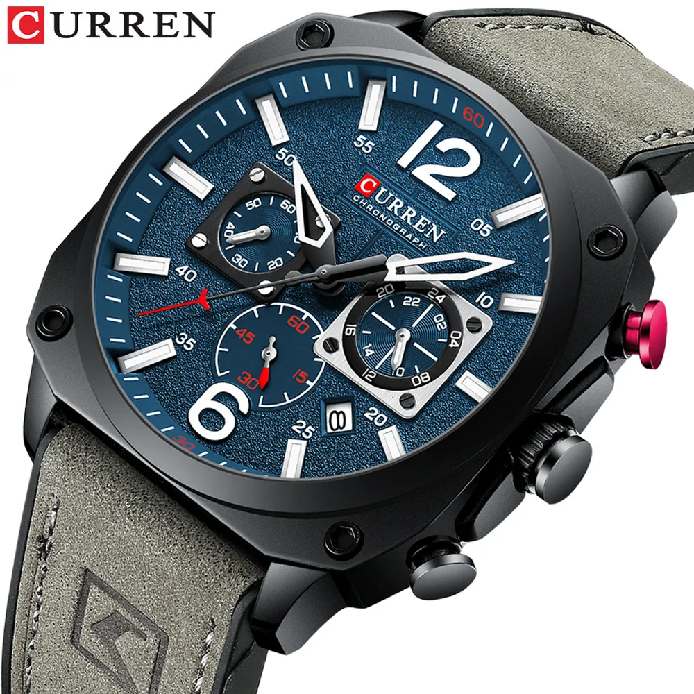CURREN 8398 Fashion Water-resistant Men's Watch, Six-hand Calendar Quartz Wristwatch with Leather Strap