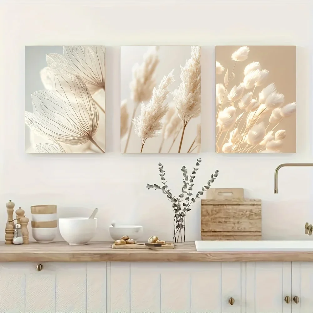 Frameless , 3pcs Bohemian Chic Beige Grass & Reed Wall Art Canvas Paintings - Suitable For Easter, Mardi Gras Decor, Neutral